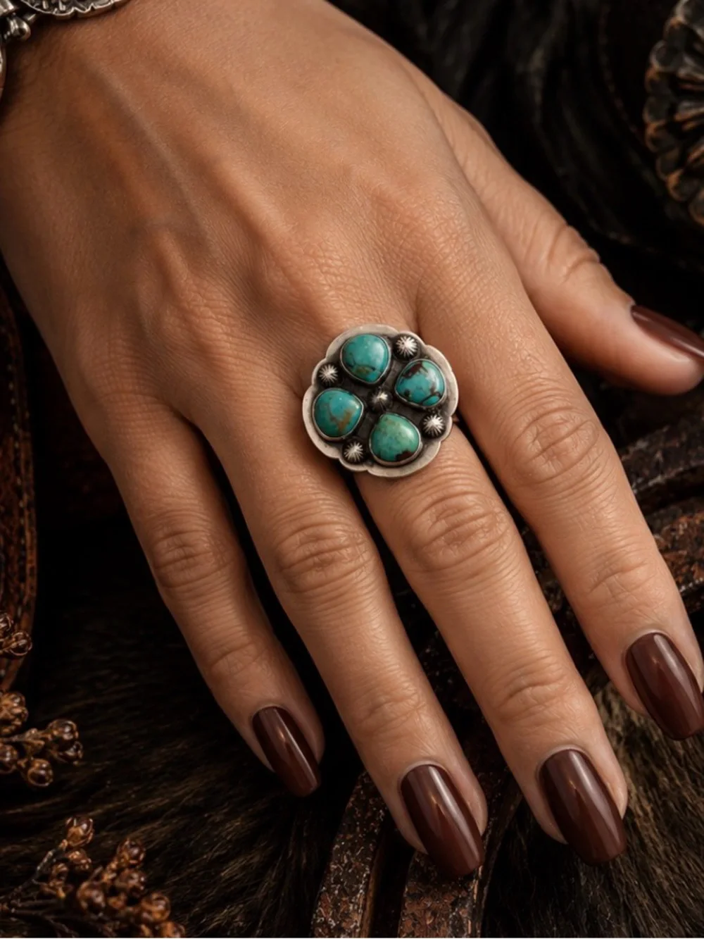 Number 8 Turquoise Cluster Statement Ring - Sterling silver